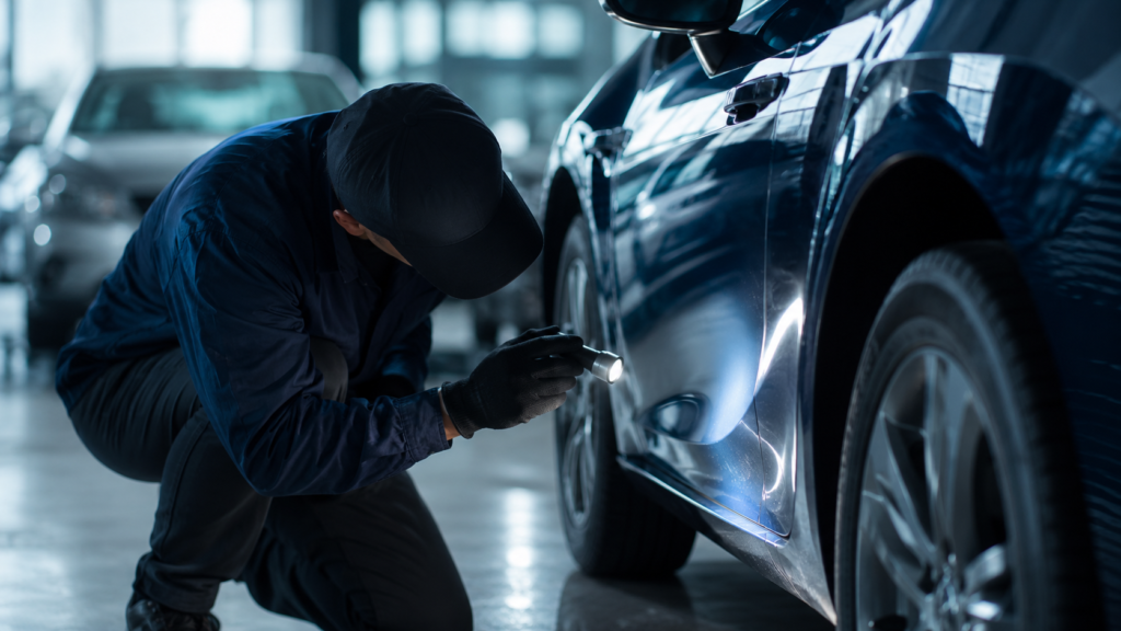 Persona inspeccionando la carrocería de un auto seminuevo con una lámpara para detectar vicios ocultos