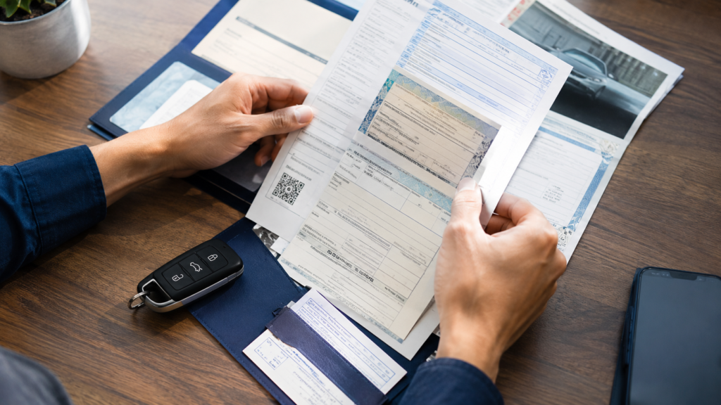 Manos revisando los documentos y la factura de un auto usado antes de comprarlo en Sinaloa