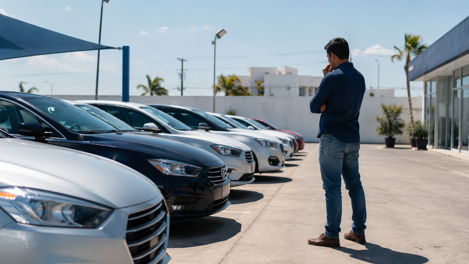 Persona comparando autos seminuevos en un lote para decidir dónde comprar