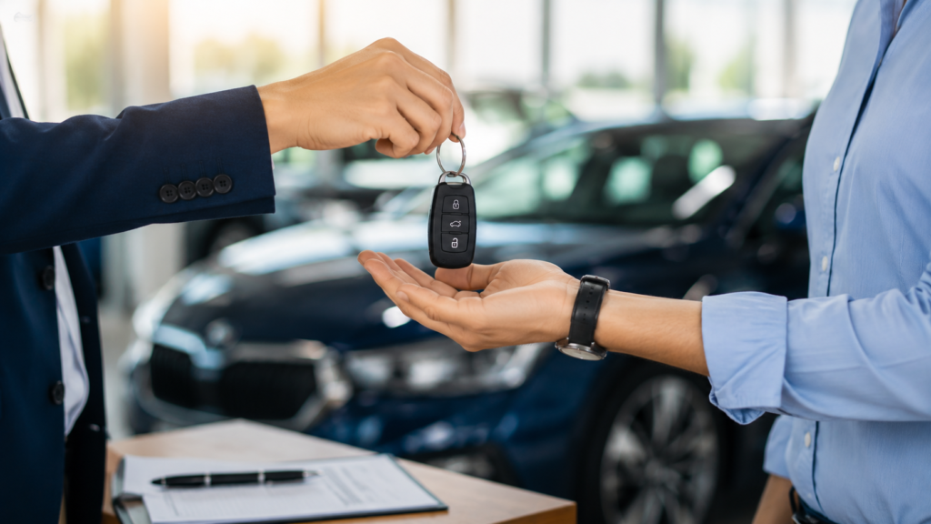 Persona recibiendo las llaves de un auto comprado sin enganche