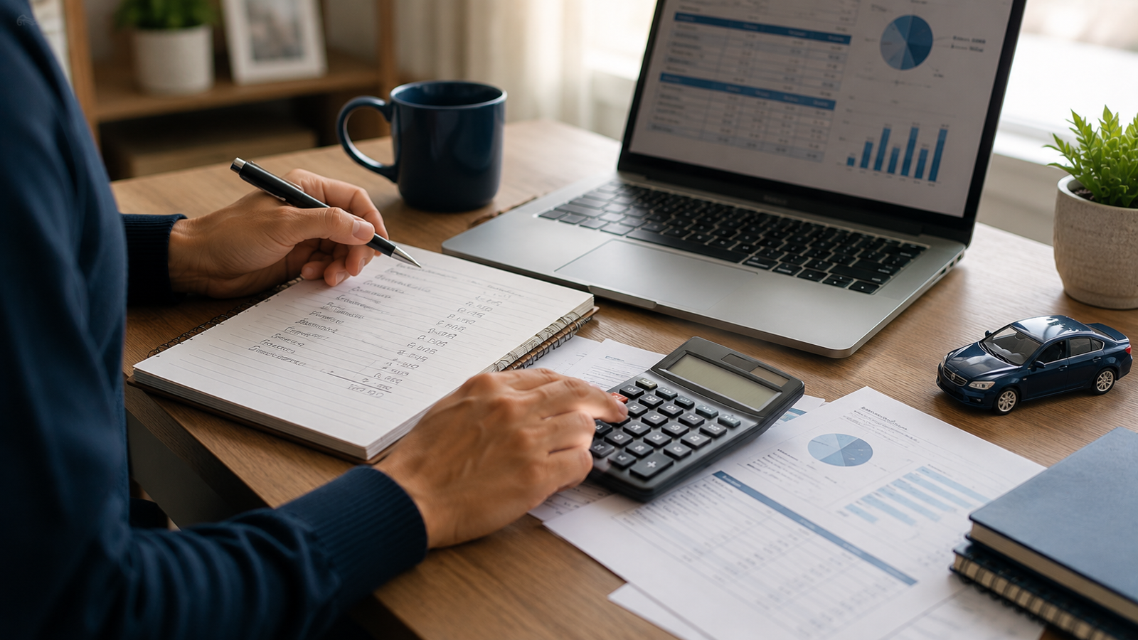 Persona calculando con una calculadora qué auto puede pagar según sus ingresos