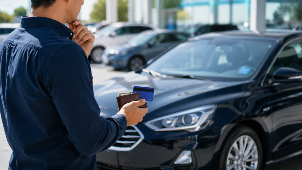 Persona decidiendo cuánto enganche dar al comprar un auto seminuevo