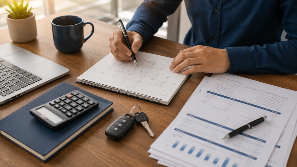Persona planeando el plazo de su crédito de auto con un calendario y documentos de financiamiento