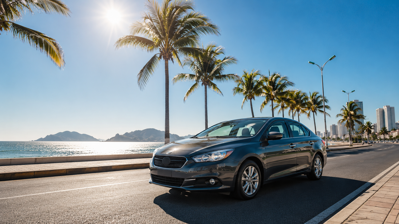 Auto seminuevo en una avenida costera de Mazatlán bajo el sol, resistente al calor