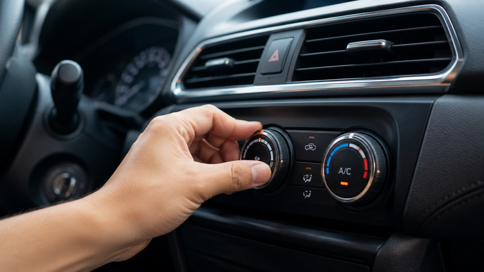 Mano ajustando los controles del aire acondicionado en el tablero de un auto